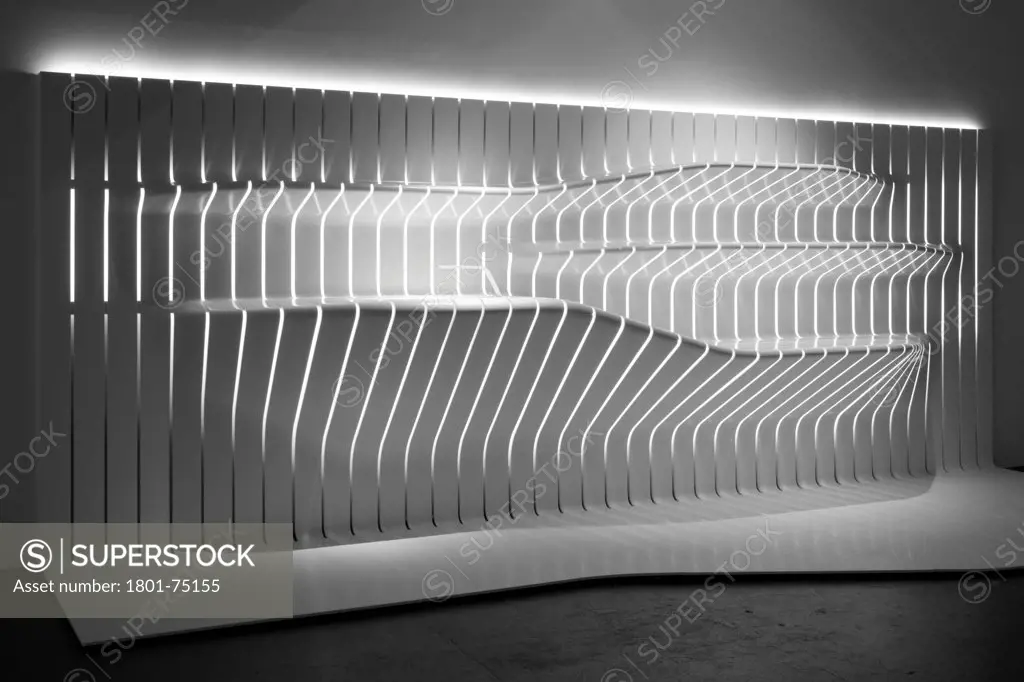 Corian Super-Surfaces, London, United Kingdom. Architect: Amanda Levete Architects, 2009. Kitchen installation including sink and shelving.