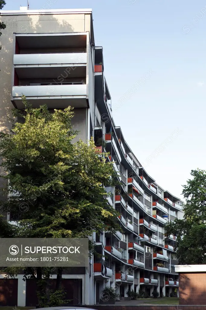 Interbau Berlin, Berlin, Germany. Architect: Various Architects, 1957. Walter Gropius Apartment building end view.