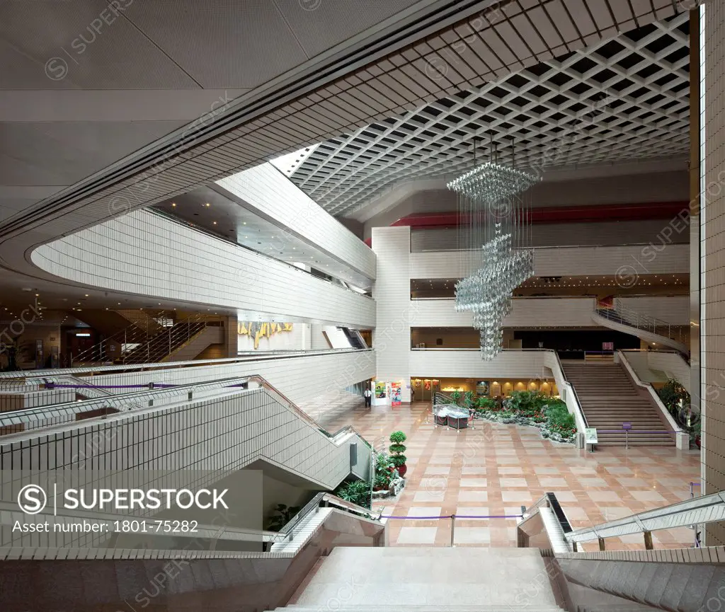 Hong Kong Cultural Centre, Kowloon, Hong Kong. Architect: Pau Shiu-hung, 1989. View from the first floor showing the lobby.