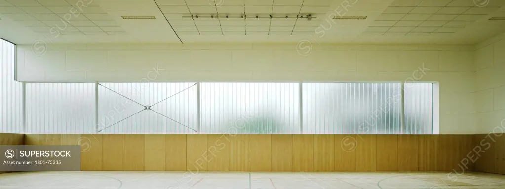 Sandford Park School, Ranelagh, Ireland. Architect: DTA Architects, 2007. View of interior of multipurpose hall showing reglit glass and timber cladding.