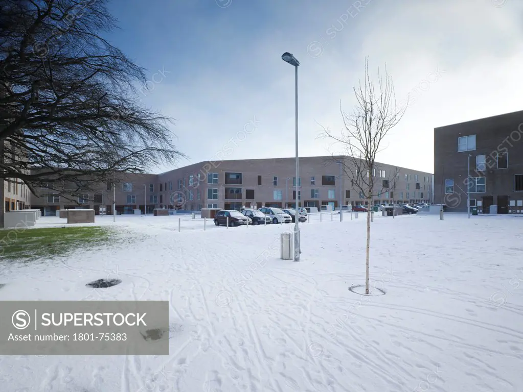 Santry Demesne, Fingal, Ireland. Architect: DTA Architects, 2009. View of the housing development from open landscaped space in the snow showing trees.