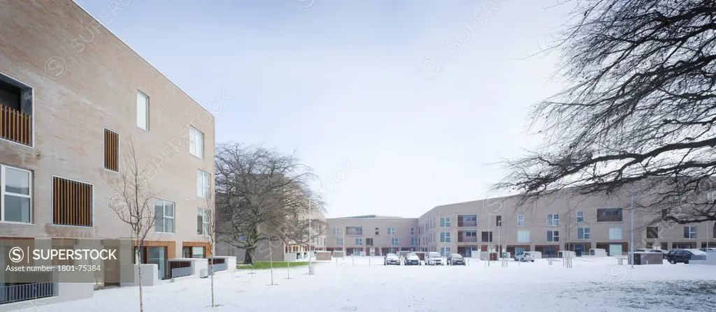 Santry Demesne, Fingal, Ireland. Architect: DTA Architects, 2009. View of the housing development in the snow showing trees and timber cladding on brick building.