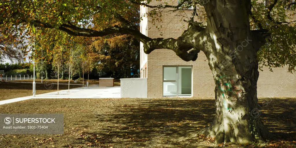 Santry Demesne, Fingal, Ireland. Architect: DTA Architects, 2009. View of brick housing block showing tree and surrounding landscaped space.