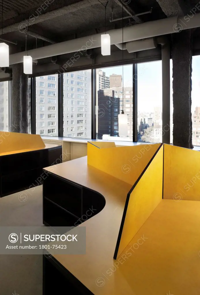 Private office, New York, United States. Architect: Bade Stageberg Cox, 2012. Custom desks, hanging light fixtures.