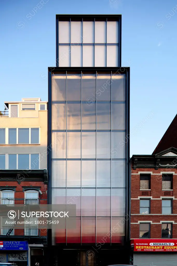Sperone Westwater Gallery, New York, United States. Architect: Foster + Partners, 2010. Transparent elevator shaft facade.