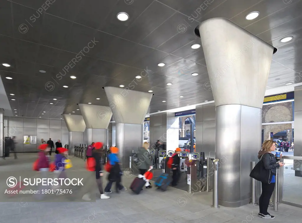 King's Cross Station, Railway Station, Europe, United Kingdom, , 2012, John McAslan & Partners. View of ticket turnstiles.