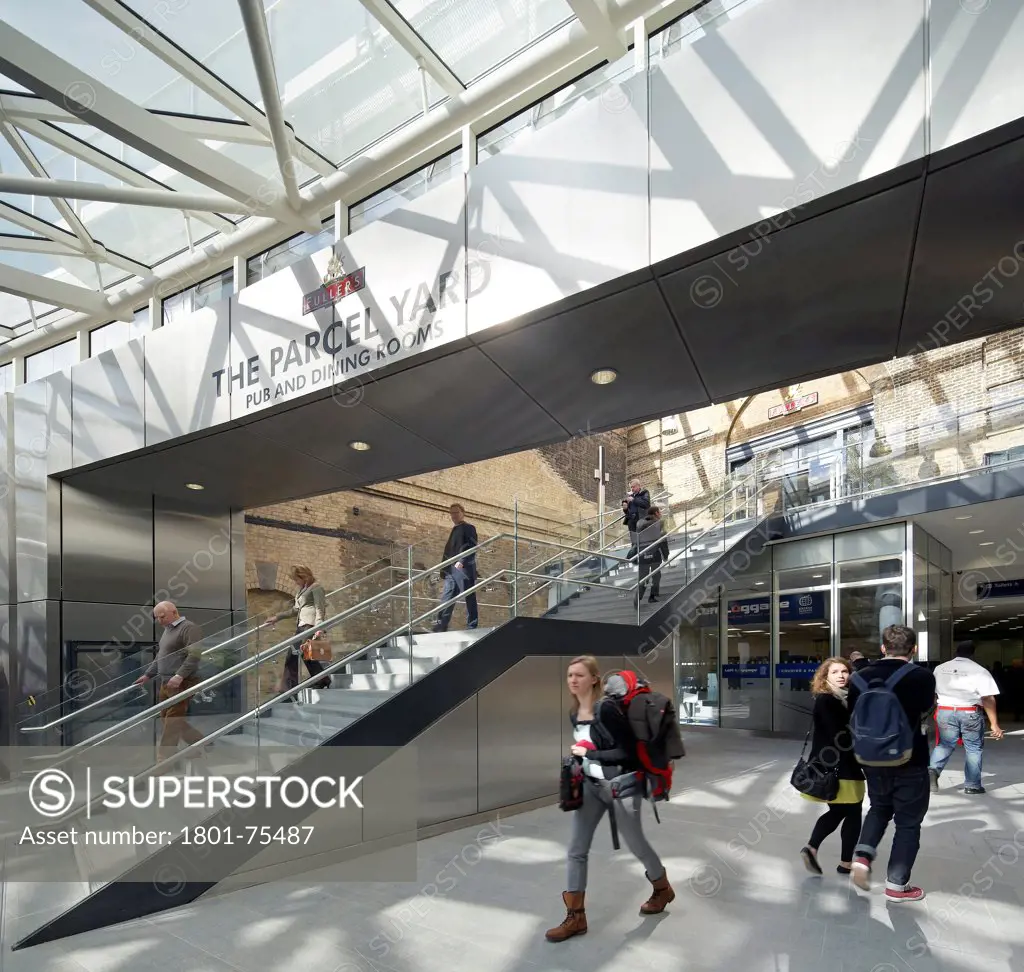 King's Cross Station, Railway Station, Europe, United Kingdom, , 2012, John McAslan & Partners. View of new stairs to pub.
