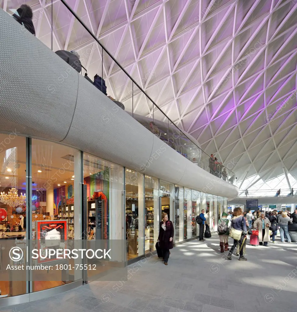 King's Cross Station, Railway Station, Europe, United Kingdom, , 2012, John McAslan & Partners. View of elevated walkway and retail units.