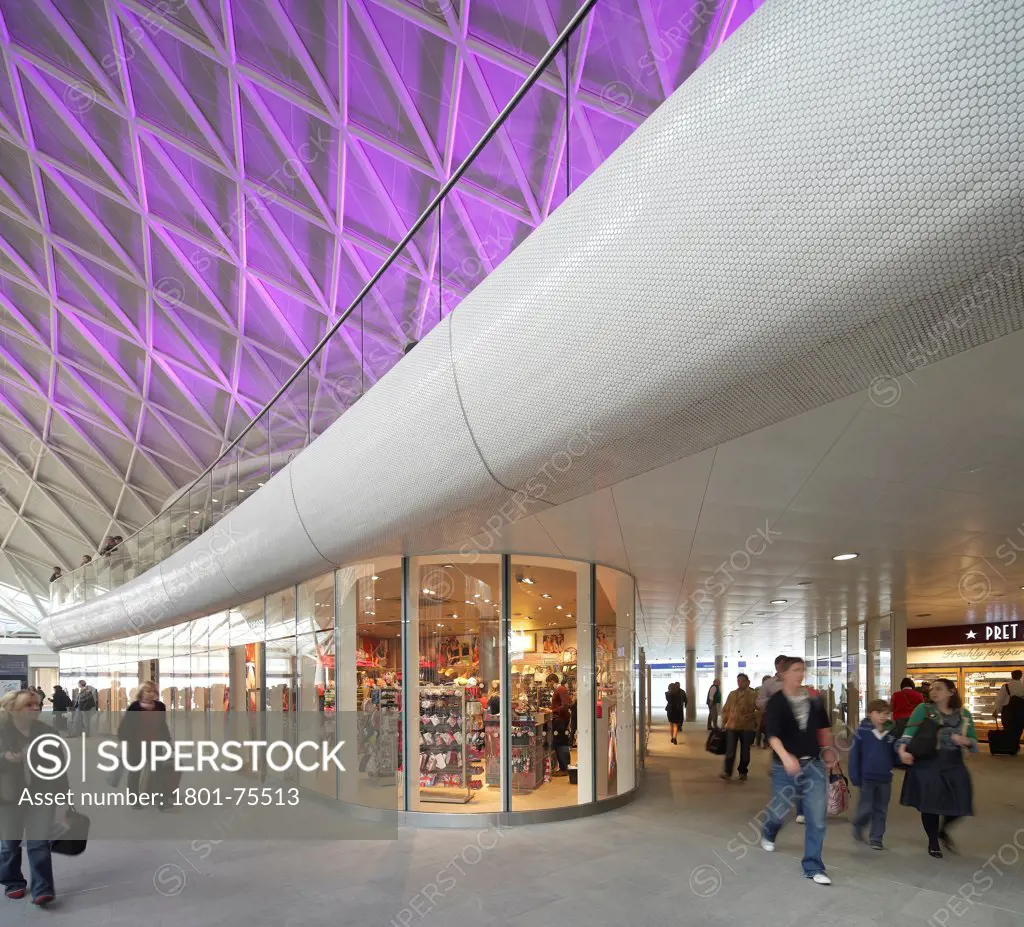 King's Cross Station, Railway Station, Europe, United Kingdom, , 2012, John McAslan & Partners. View of elevated walkway and retail units.