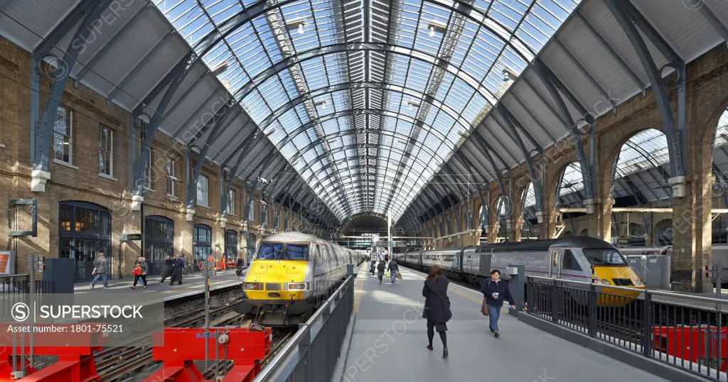 King's Cross Station, Railway Station, Europe, United Kingdom, , 2012, John McAslan & Partners. View of station platforms with trains.