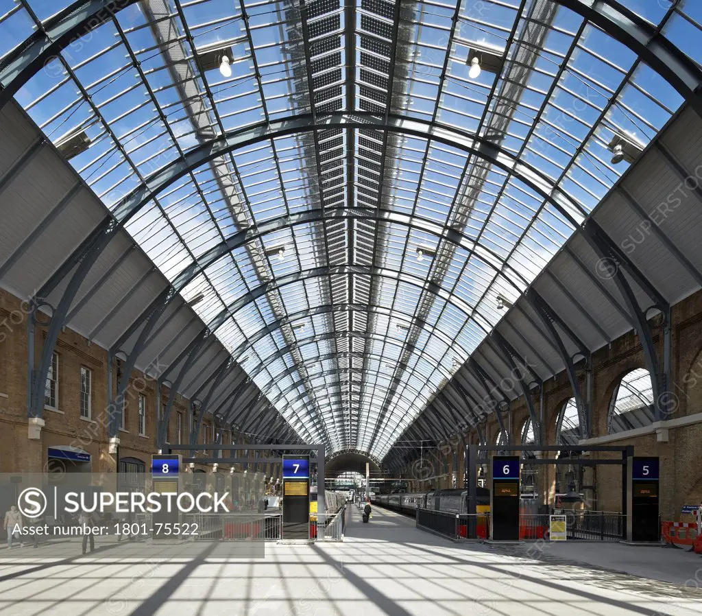 King's Cross Station, Railway Station, Europe, United Kingdom, , 2012, John McAslan & Partners. View of new roof over station platforms.