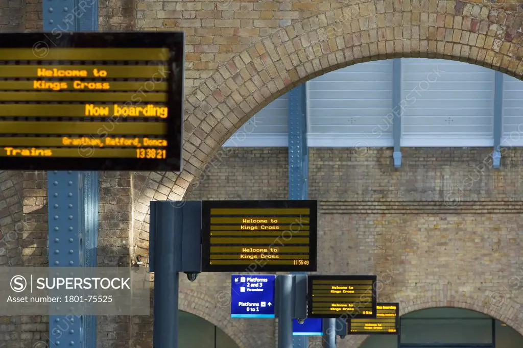 King's Cross Station, Railway Station, Europe, United Kingdom, , 2012, John McAslan & Partners. View of station platform boards.