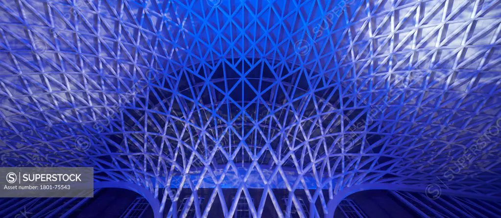 King's Cross Station, Railway Station, Europe, United Kingdom, , 2012, John McAslan & Partners. View of Western Concourse roof with blue lighting.
