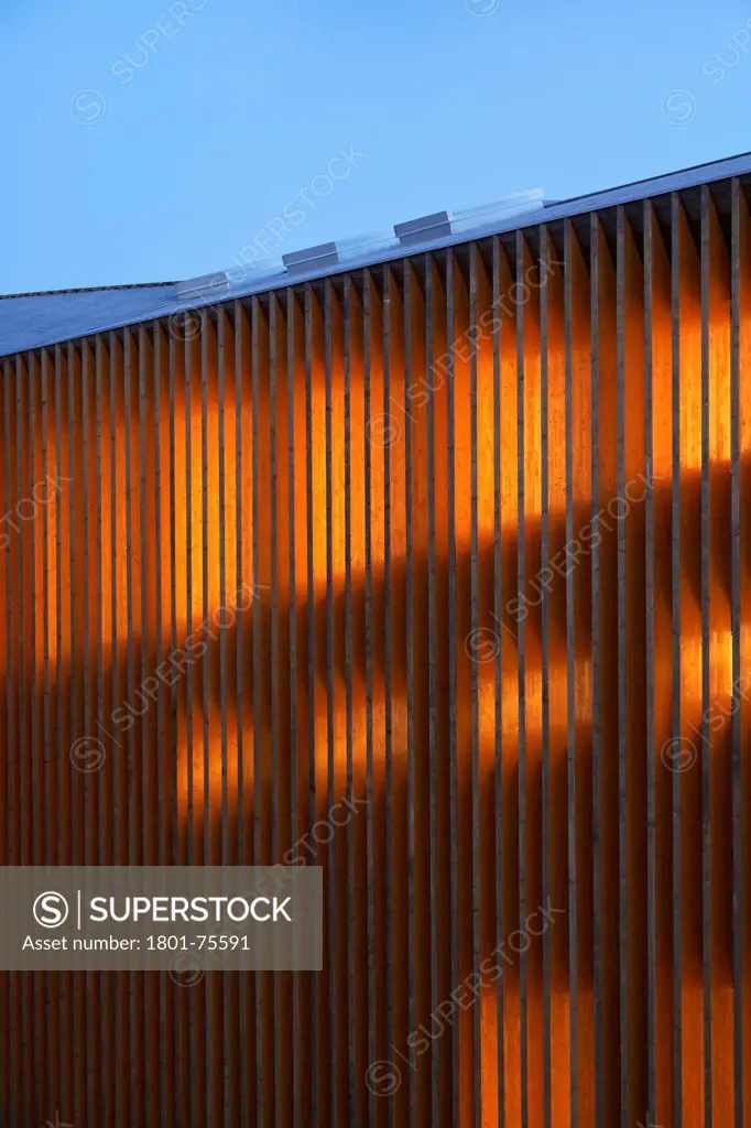 Vennesla Library, Library, Europe, Norway, , 2012, Helen & Hard. Detail of timber at dusk.