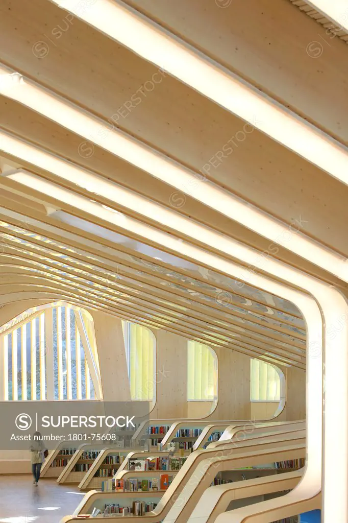 Vennesla Library, Library, Europe, Norway, , 2012, Helen & Hard. Elevated view of interior with person.