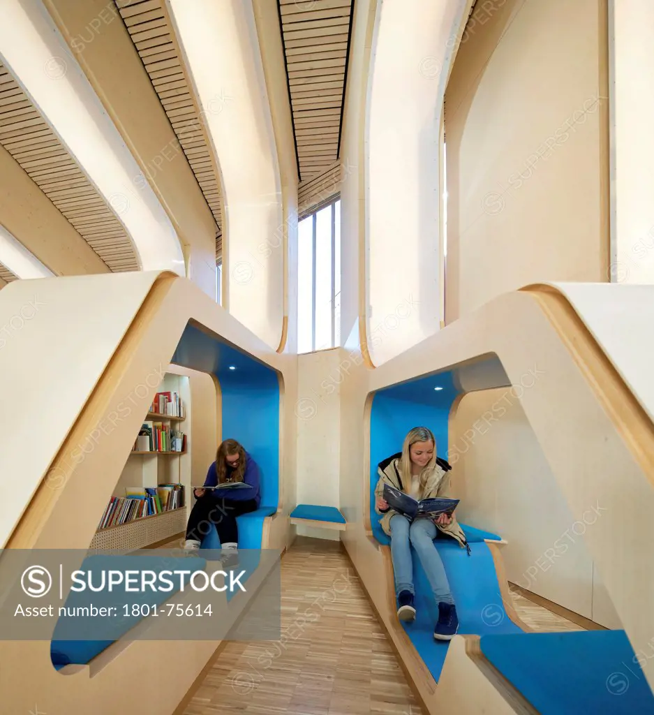 Vennesla Library, Library, Europe, Norway, , 2012, Helen & Hard. Interior view of people using study pods.