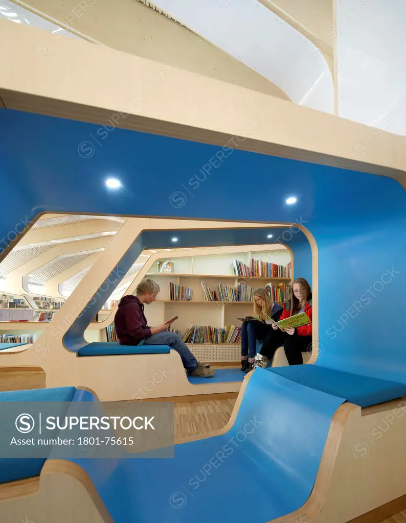 Vennesla Library, Library, Europe, Norway, , 2012, Helen & Hard. Interior view of people using study pods.