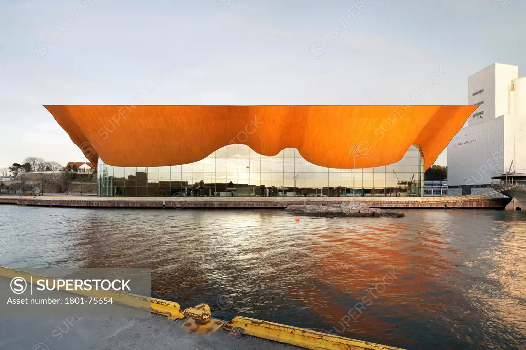 Kilden Performing Arts Centre, Concert Hall, Europe, Norway, , 2011, ALA Architects. Late afternoon straight view from across the water.