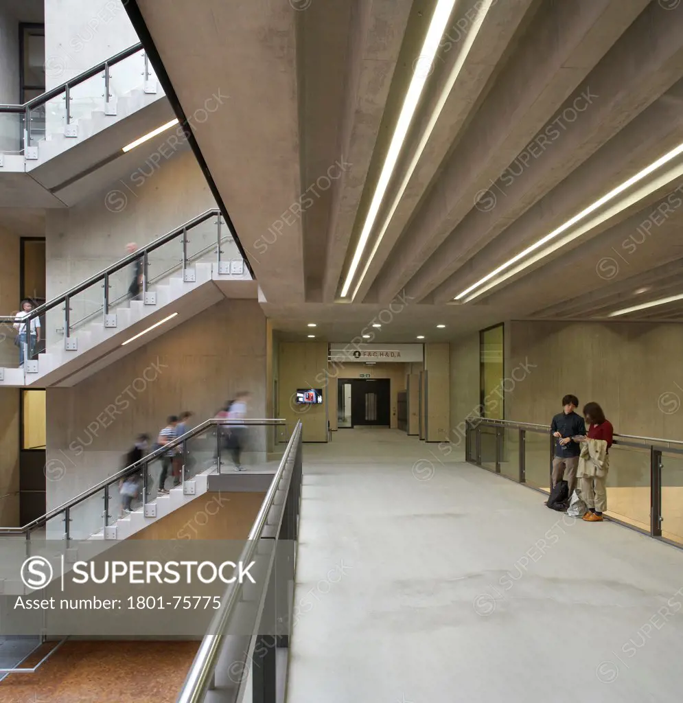 Central Saint Martins, London, United Kingdom. Architect: Stanton Williams, 2011. Circulation space and staircases.