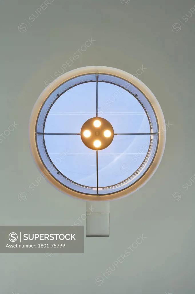 Central Saint Martins, London, United Kingdom. Architect: Stanton Williams, 2011. Detail of round window in ceiling.