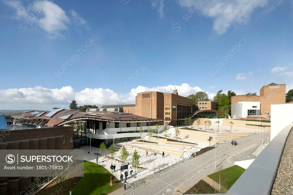 The Forum Exeter University, Exeter, United Kingdom. Architect: Wilkinson Eyre Architects, 2012. General elevation of new student hub on campus.