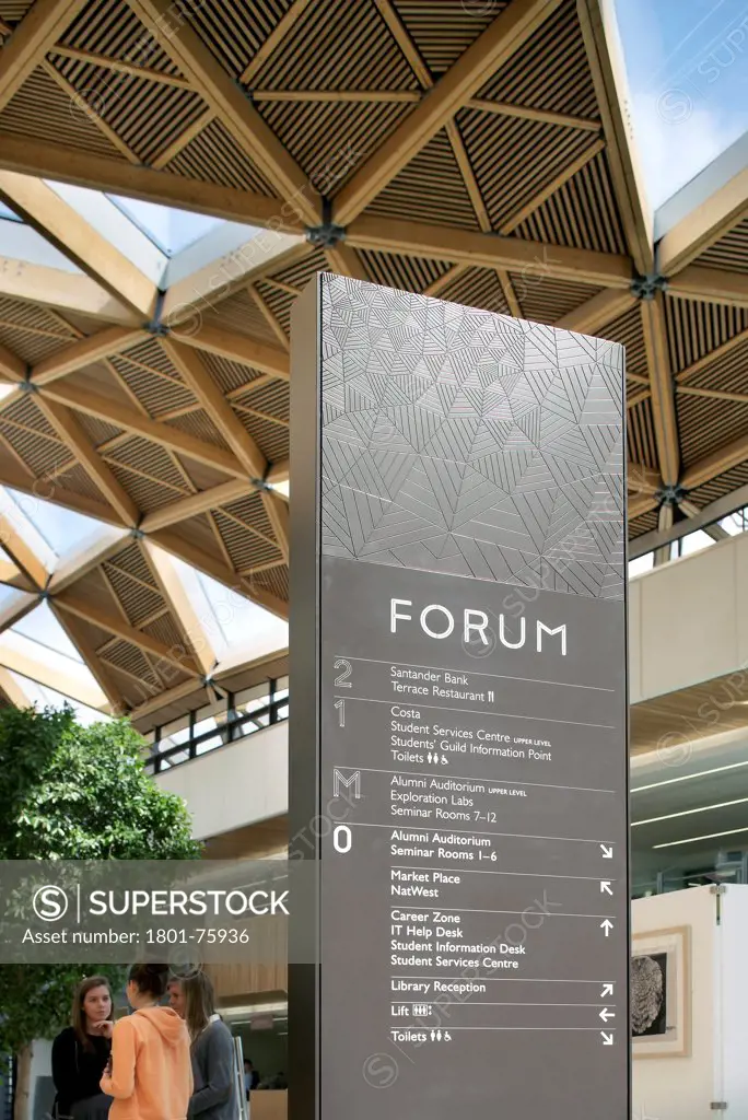 The Forum Exeter University, Exeter, United Kingdom. Architect: Wilkinson Eyre Architects, 2012. Forum directory on ground level.