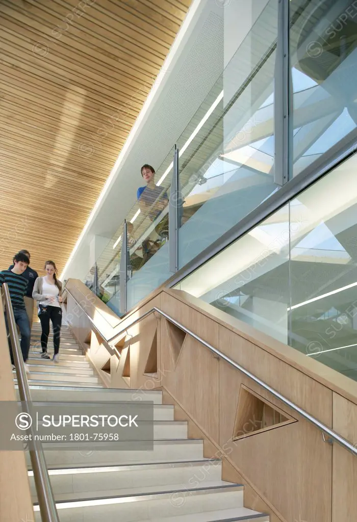 The Forum Exeter University, Exeter, United Kingdom. Architect: Wilkinson Eyre Architects, 2012. Timber stairway with gallery.