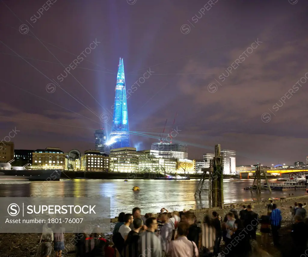 The SHARD, London, United Kingdom. Architect: Renzo Piano Building Workshop, 2012. The tallest building in western Europe, the Shard, is unveiled in a spectacular laser light show at Southwark, south London.