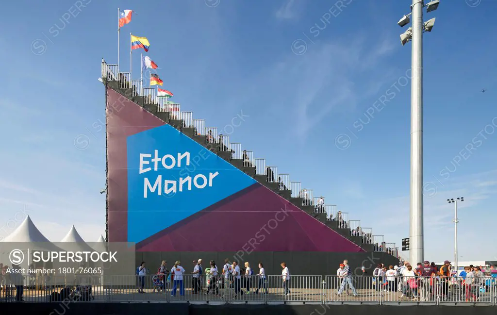 Eton Manor Olympic Park, London, United Kingdom. Architect: Stanton Williams, 2012. Lateral view of grandstand.