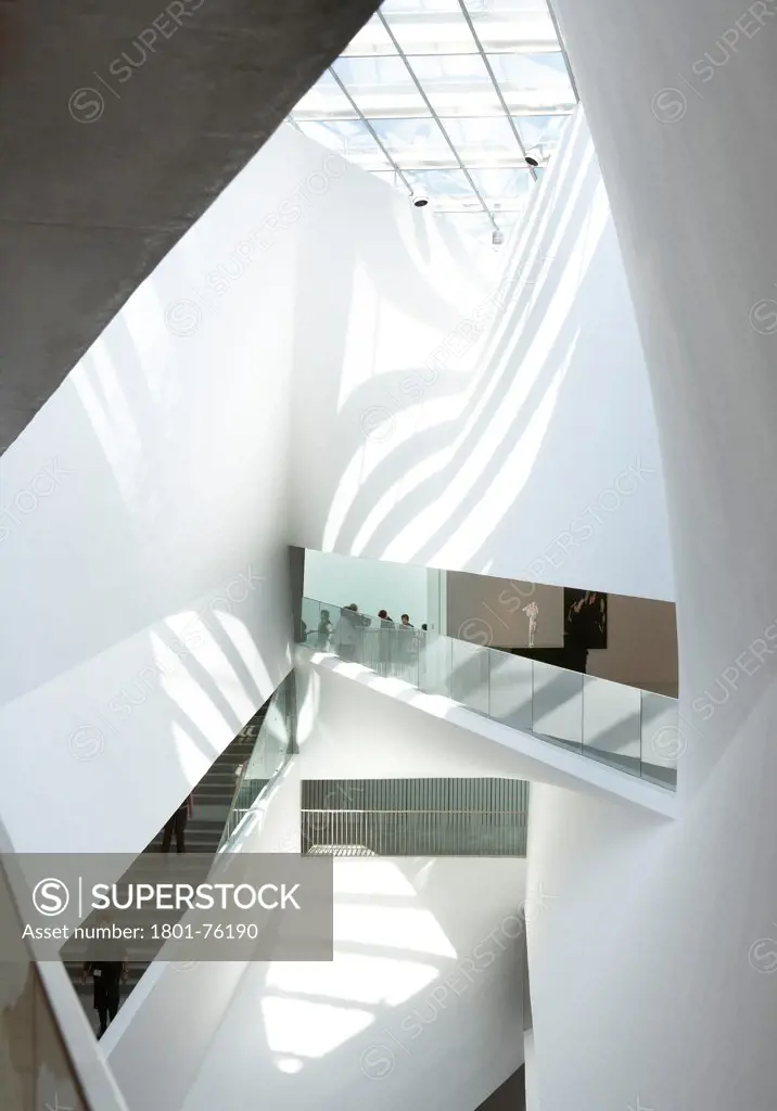Tel Aviv Museum of Art, Tel Aviv, Israel. Architect: Preston Scott Cohen, 2011. Lightfall atrium with skylight and pivoting spaces around it.