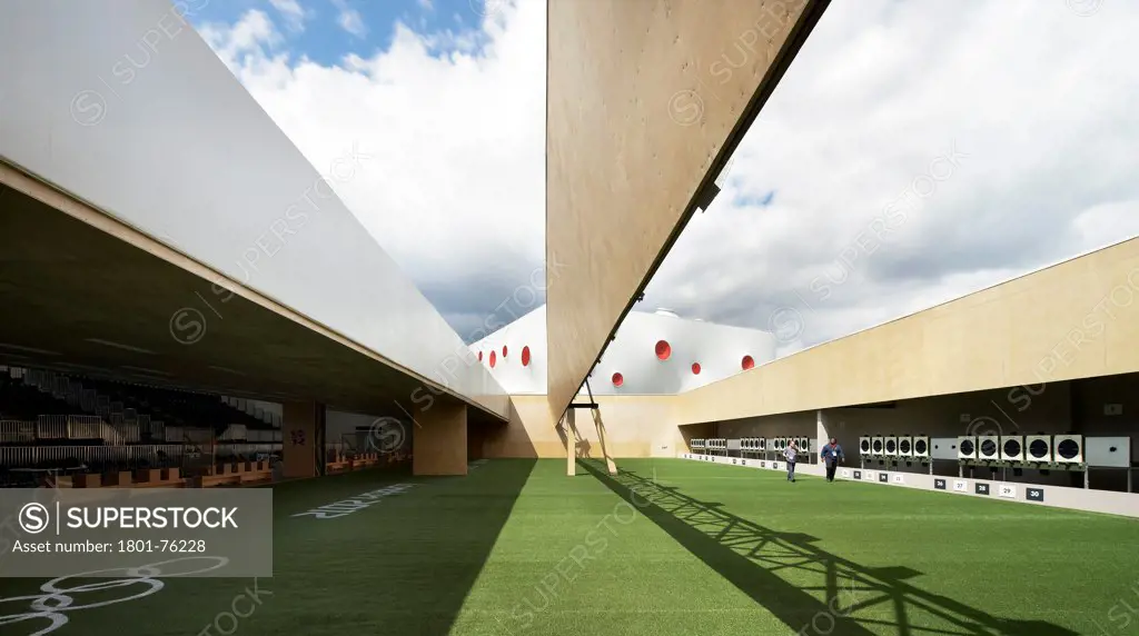 Olympic Shooting Ranges, London, United Kingdom. Architect: Magma Architecture, 2012. Perspective of exterior shooting range.