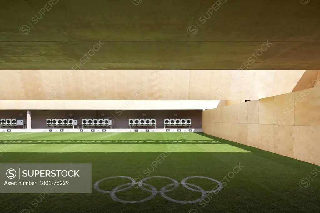 Olympic Shooting Ranges, London, United Kingdom. Architect: Magma Architecture, 2012. Partial elevation of exterior shooting range.