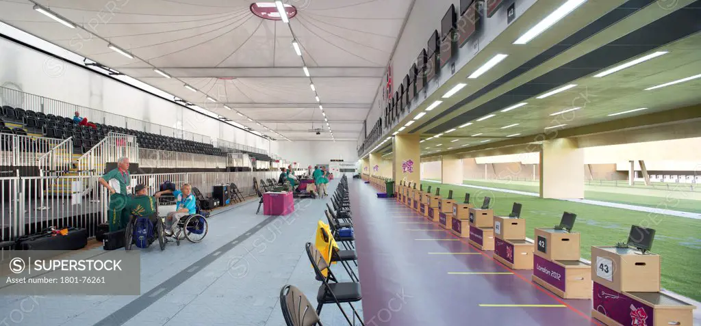 Olympic Shooting Ranges, London, United Kingdom. Architect: Magma Architecture, 2012. Panorama of stand interior.
