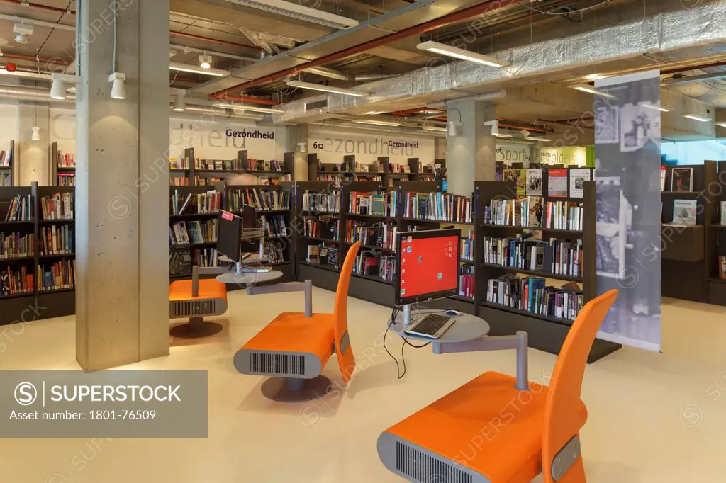 Bookshelves with orange chairs, DOK Media Centre / DOK Mediatheek, Delft, The Netherlands&#xA;Architects: Dok Architecten / AEQUO (2007)