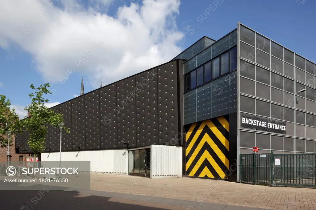 Main elevation with black EPDM rubber skin and CDs, Popcentre 013, Tilburg, Noord-Brabant, The Netherlands&#xA;Architects: Benthem Crouwel Architekten (1998)