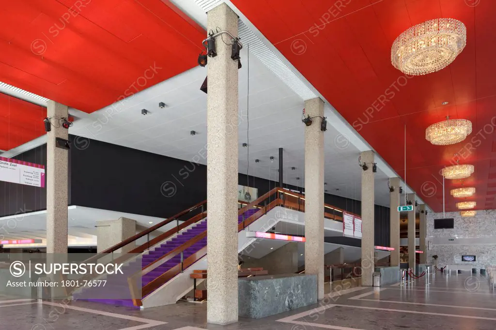 Staircase with purple carpet and red soffit, Port of Rotterdam Foyer, De Doelen Concert & Conference Centre, Rotterdam, Zuid-Holland, The Netherlands&#xA;Architects: Kraaijvanger (1966)
