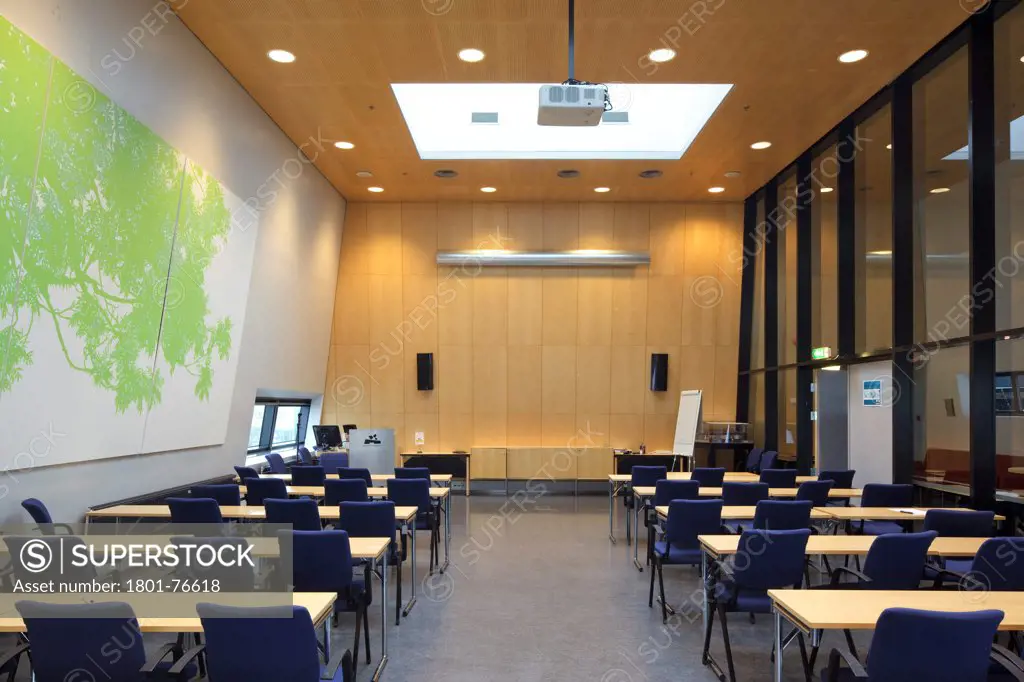 Partly wood-panelled meeting room in main building, Norwegian Petroleum Museum (Norsk Oljemuseum), Stavanger, Norway&#xA;Architects: Lunde & Løvseth Arkitekter (1999)