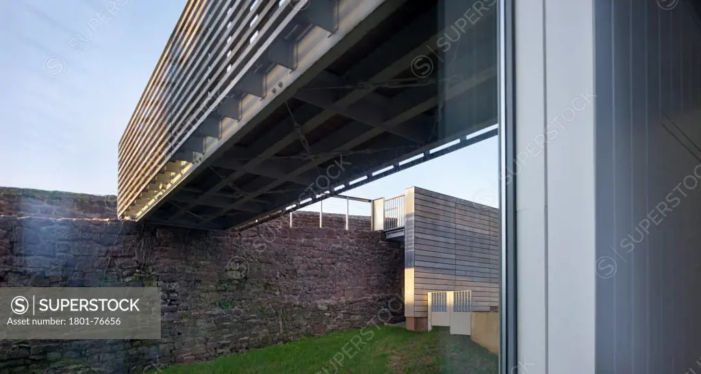 RAMM, The Royal Albert Memorial Museum, Museum, Europe, United Kingdom, Devon, 2012, Allies and Morrison. View to Roman city wall and new bridge link to museum.