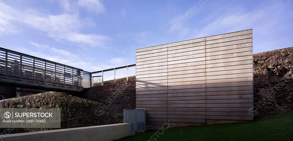 RAMM, The Royal Albert Memorial Museum, Museum, Europe, United Kingdom, Devon, 2012, Allies and Morrison. Linking bridge to Roman city wall with timber screen.