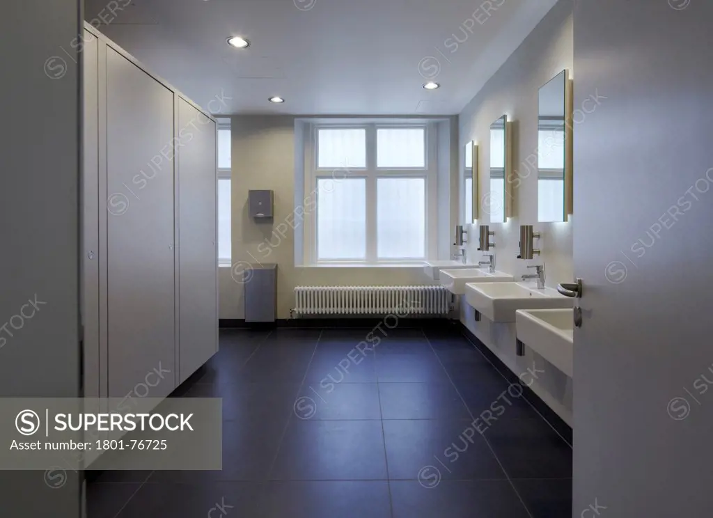 Goethe Institute, London, United Kingdom. Architect: Blauel Architects, 2012. Bathroom and toilet interior with handwash basins.