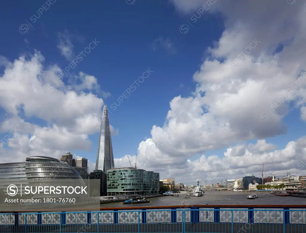 The SHARD, London, United Kingdom. Architect: Renzo Piano Building Workshop, 2012. View from Tower Bridge with City Hall, More London and River Thames.