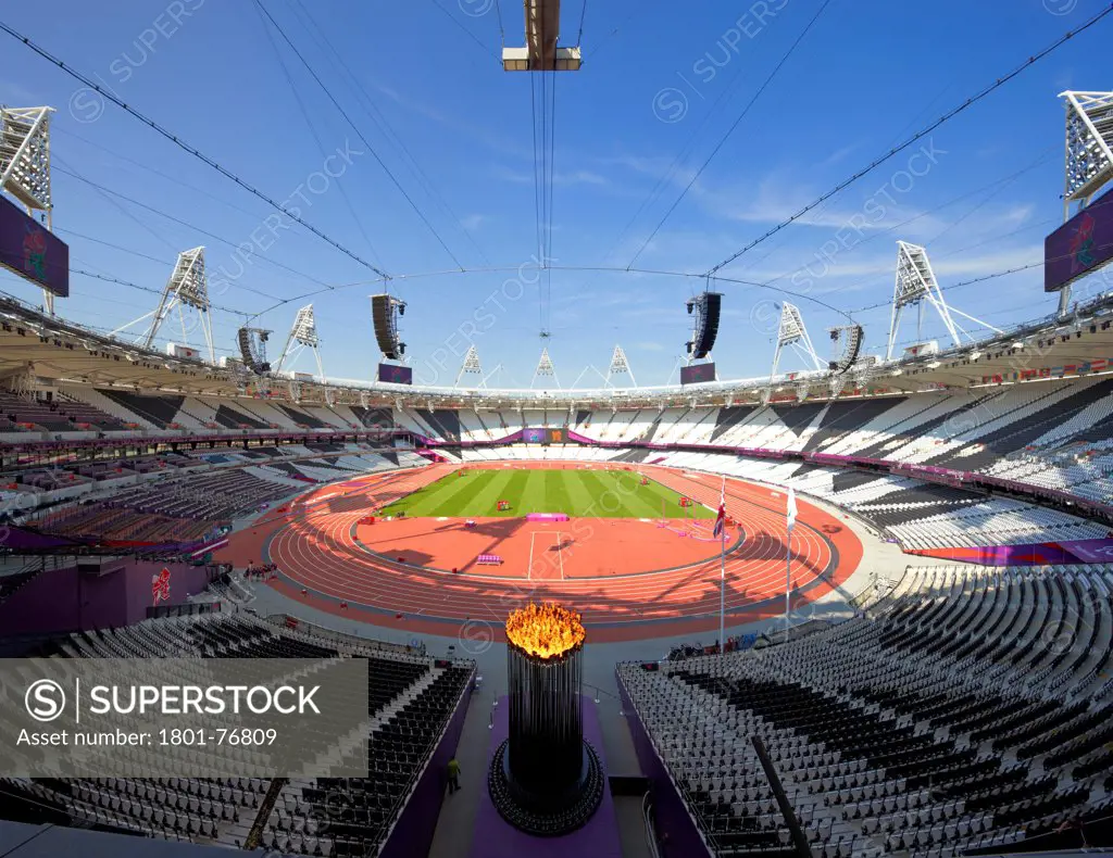 Olympic Cauldron, Art Installation, Europe, United Kingdom, , 2012, Heatherwick Studio. Overall view from upper level with empty stadium.