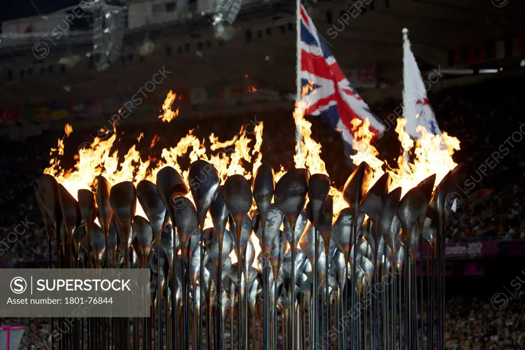 Olympic Cauldron, Art Installation, Europe, United Kingdom, , 2012, Heatherwick Studio. Night view.