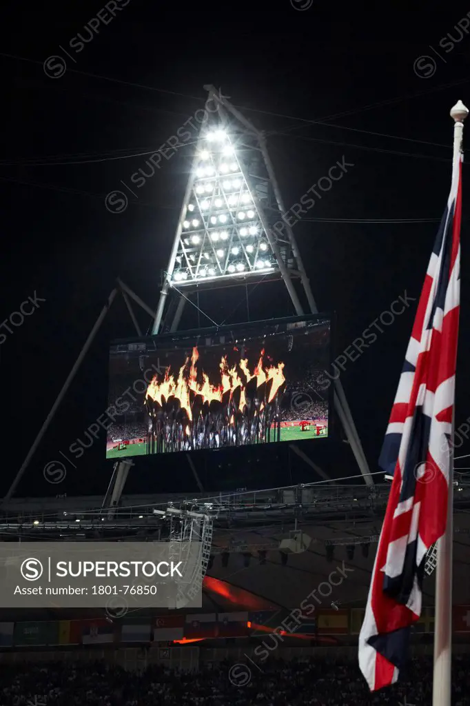 Olympic Cauldron, Art Installation, Europe, United Kingdom, , 2012, Heatherwick Studio. Night view of cauldron projected onto screen.