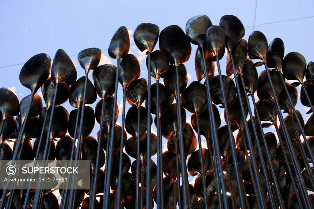 Olympic Cauldron, Art Installation, Europe, United Kingdom, , 2012, Heatherwick Studio. Detail of cauldron's copper petals from below.