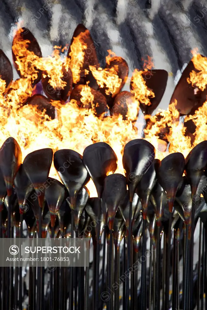 Olympic Cauldron, Art Installation, Europe, United Kingdom, , 2012, Heatherwick Studio. Abstract view with seating in background.