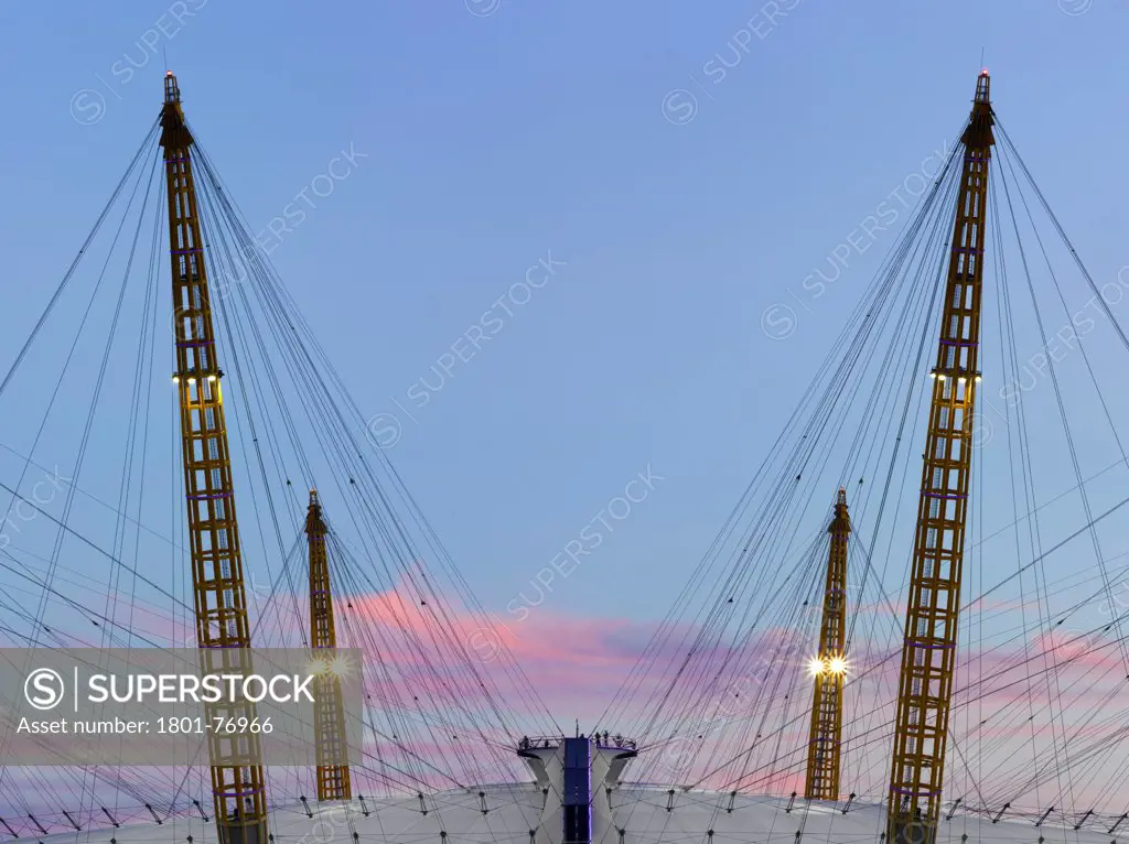 'Up at the O2'- High level walkway over the Millenium Dome, London, United Kingdom. Architect: Rogers Stirk Harbour + Partners, 2012. Twilight view.