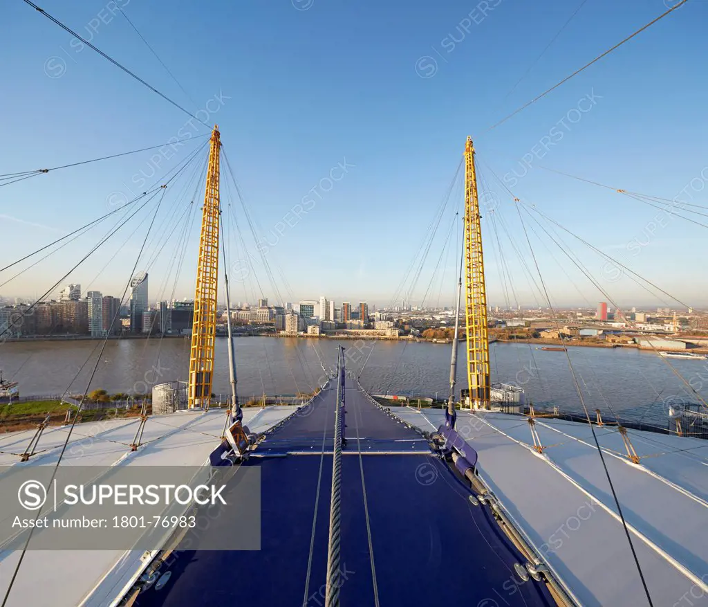 'Up at the O2'- High level walkway over the Millenium Dome, London, United Kingdom. Architect: Rogers Stirk Harbour + Partners, 2012. View from viewing platform.