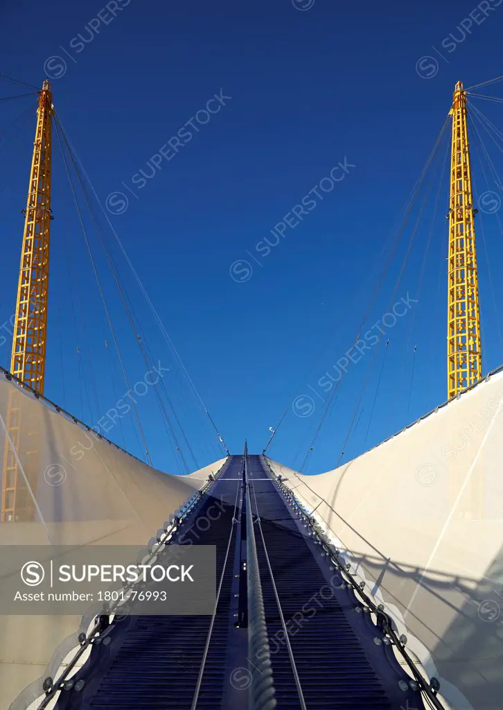 'Up at the O2'- High level walkway over the Millenium Dome, London, United Kingdom. Architect: Rogers Stirk Harbour + Partners, 2012. Walkway view.