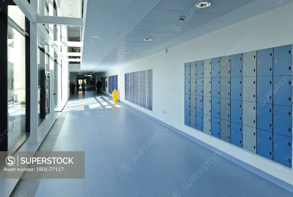 Strood Academy, Academy School, Europe, United Kingdom, Kent, 2012, Nicholas Hare Architects LLP. Interior showing circulation space between classrooms showing lockers.
